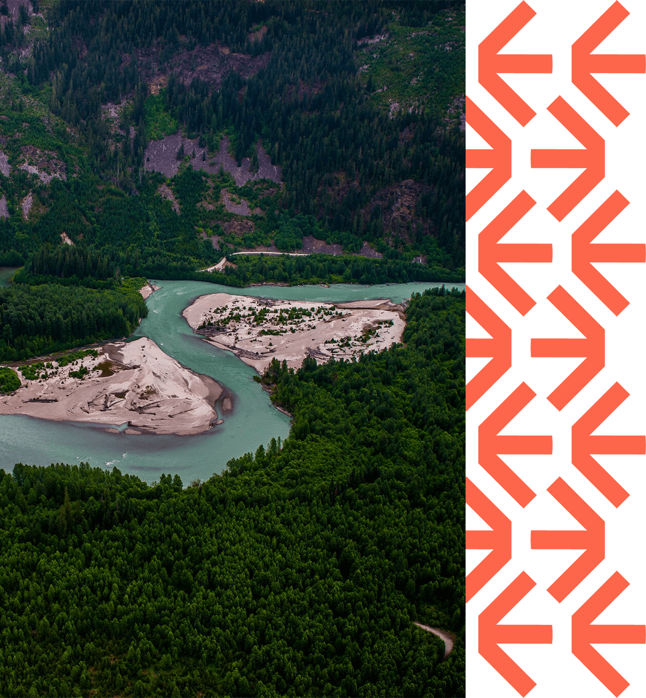 Aerial photo of Squamish Territory with lush forest and winding river with branding on the right