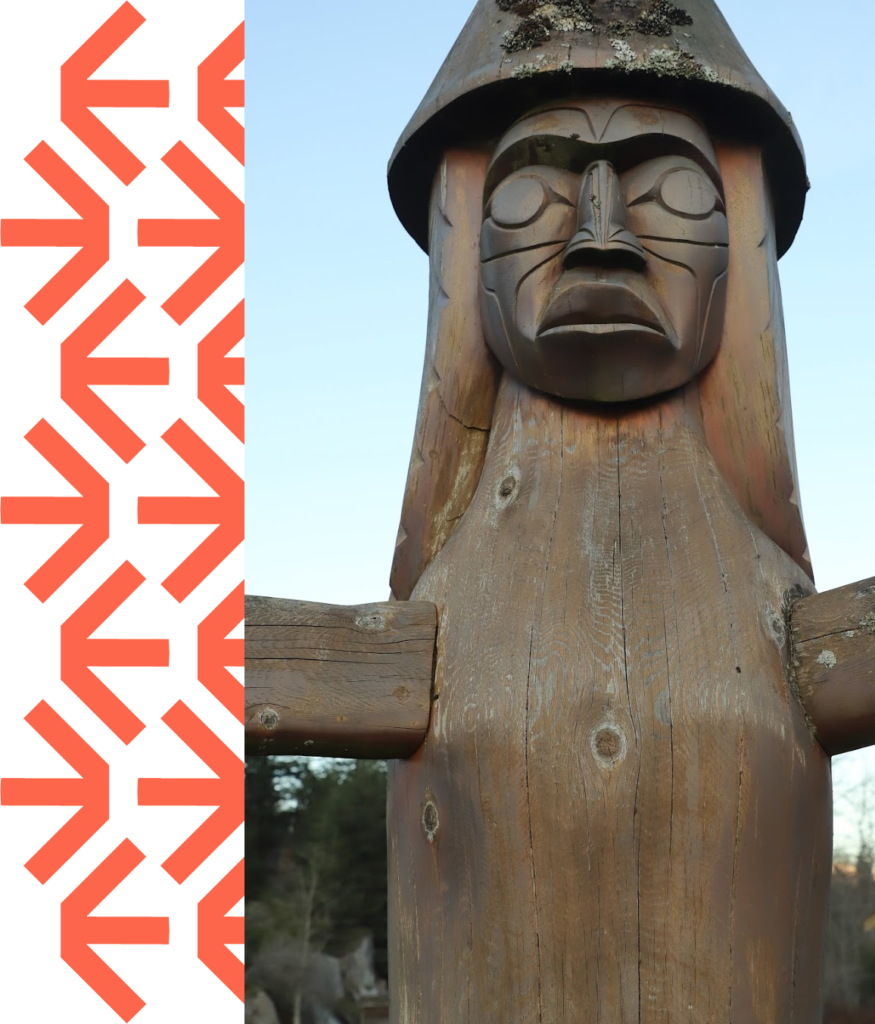 Sḵwx̱wú7mesh Úxwumixw - Squamish Nation Totem with branding on the left
