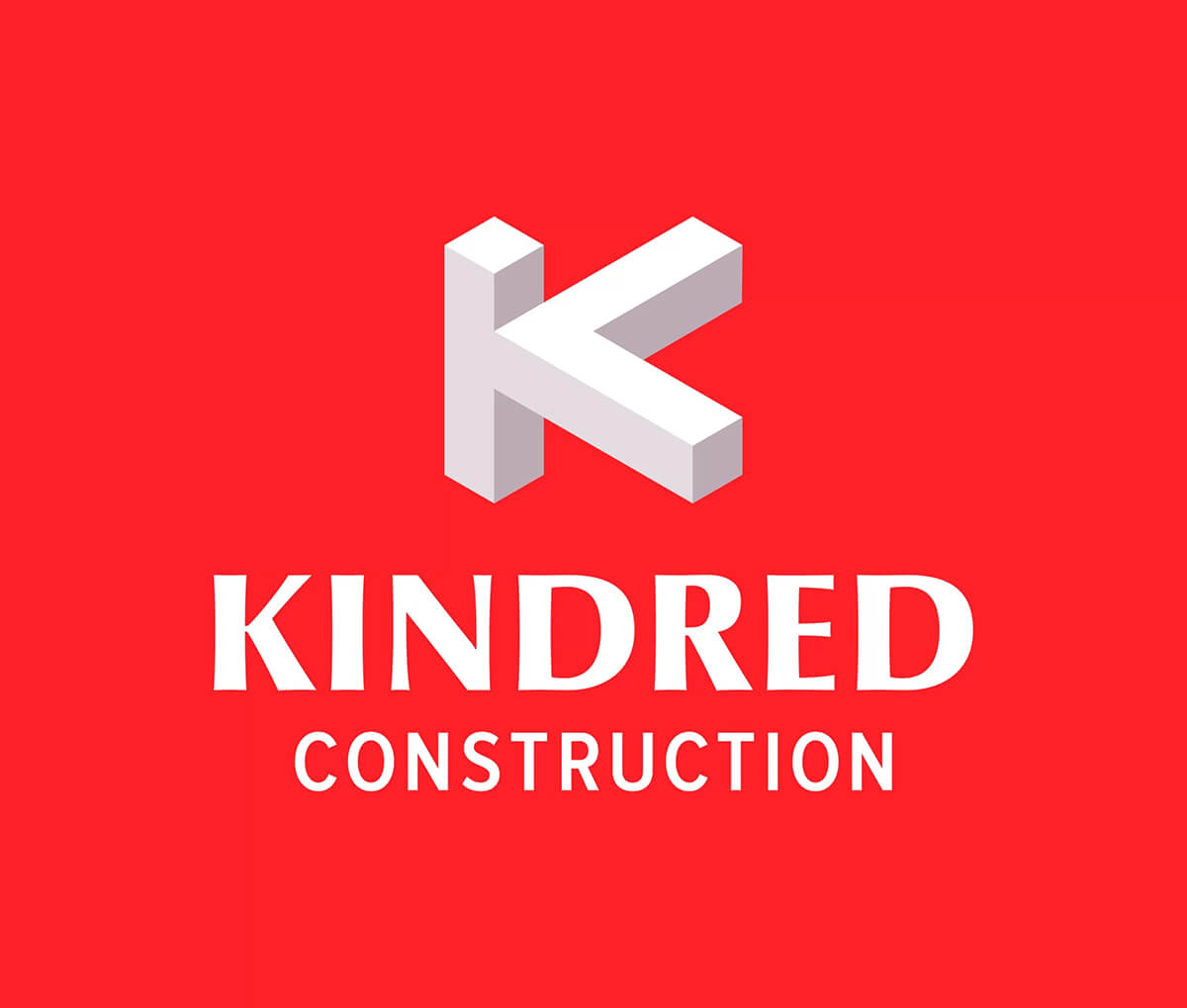 Kindred Construction logo in white on a bright red background