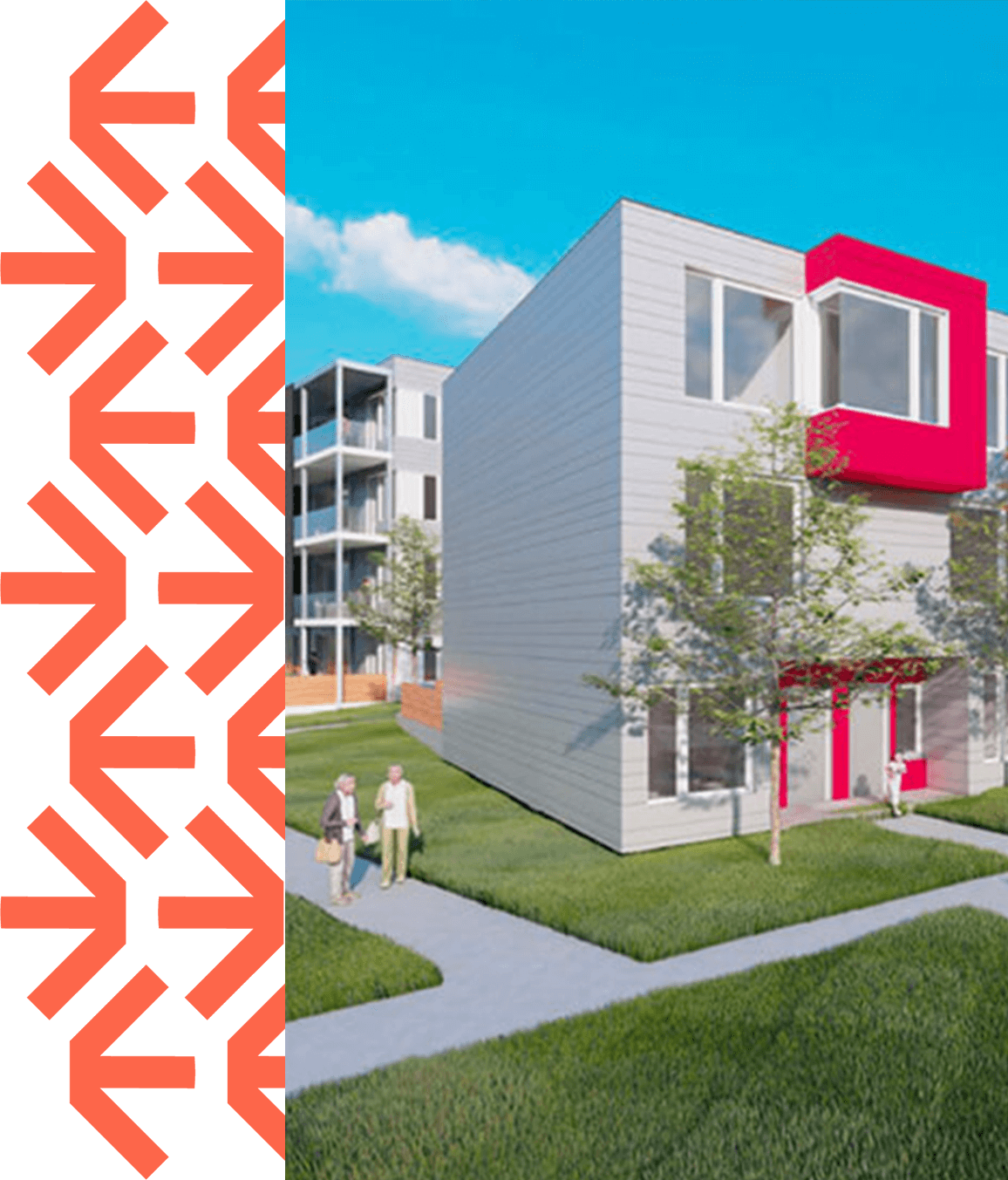 Rendering of Xwmélch’sten project by Hiy̓ám̓ Housing with branding elements on the left